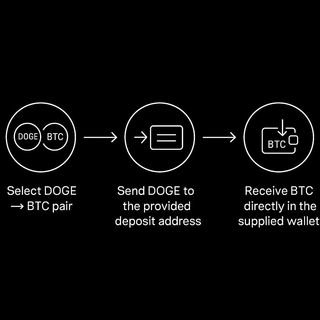 Three-step SwapCherry DOGE-to-BTC swap: select the pair, send DOGE, and receive BTC in your wallet.