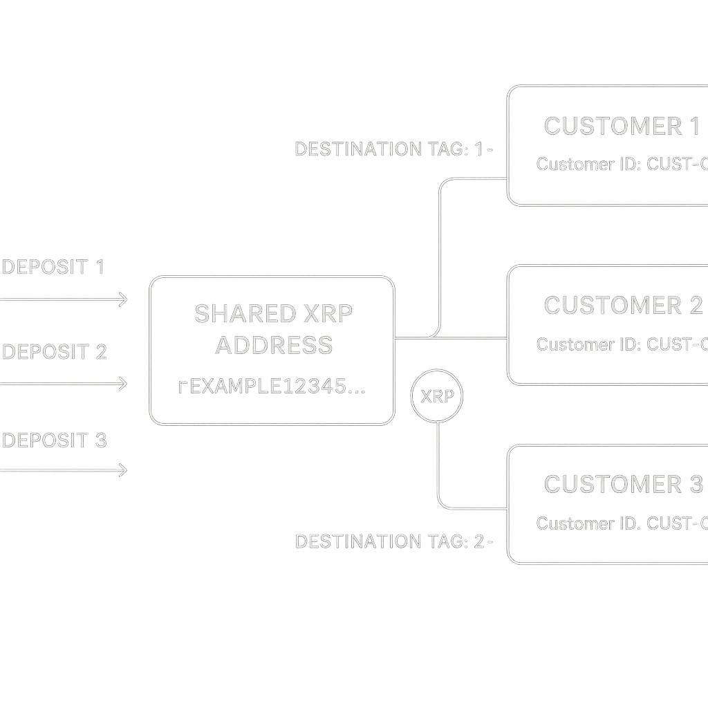 A shared XRP address routes three XRP deposits to separate customer records using destination tags